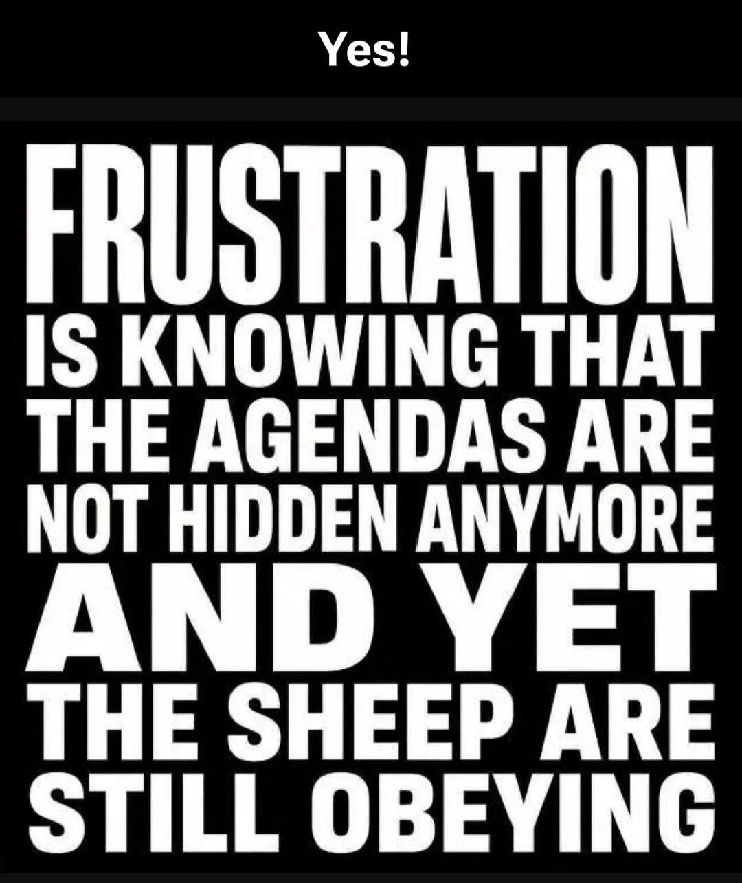 Yes! FRUSTRATION IS KNOWING THAT THE AGENDAS ARE NOT HIDDEN ANYMORE AND YET THE SHEEP ARE STILL OBEYING