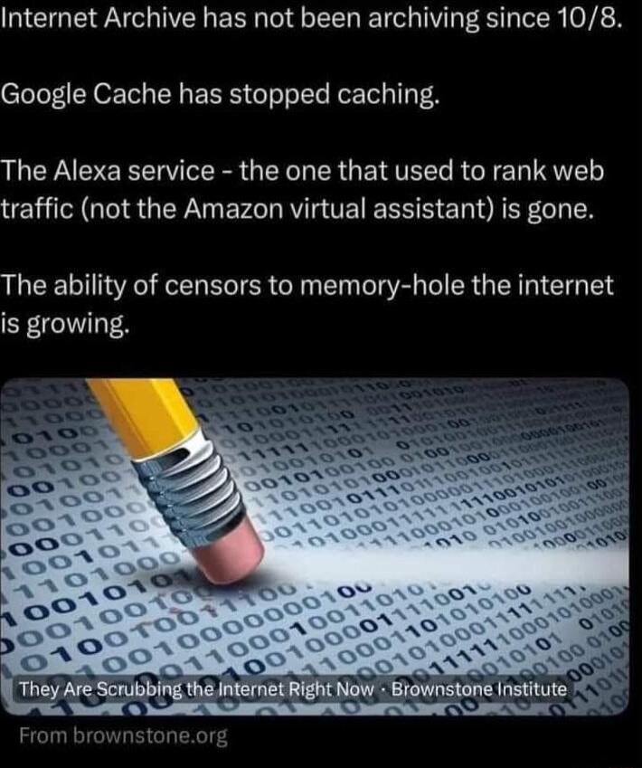 Internet Archive has not been archiving since 108 Google Cache has stopped caching LUERACIE R R QLR R G E VLT R 1 QU traffic not the Amazon virtual assistant is gone The ability of censors to memory hole the internet is growing From brownstoneorg