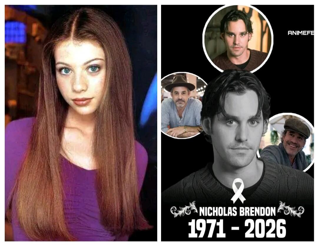 A split image featuring a young woman with long brown hair and blue eyes on the left, and a memorial tribute to Nicholas Brendon on the right. The tribute includes multiple images of Nicholas Brendon at different ages, a white ribbon, and the text 'NICHOLAS BRENDON 1971 - 2026'. The text 'ANIMEFE' is also visible.