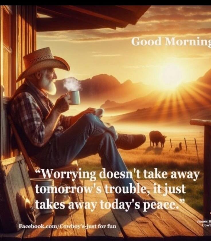 Good Morning. Worrying doesn't take away tomorrow's trouble, it just takes away today's peace. Facebook.com/Cowboy's-just for fun