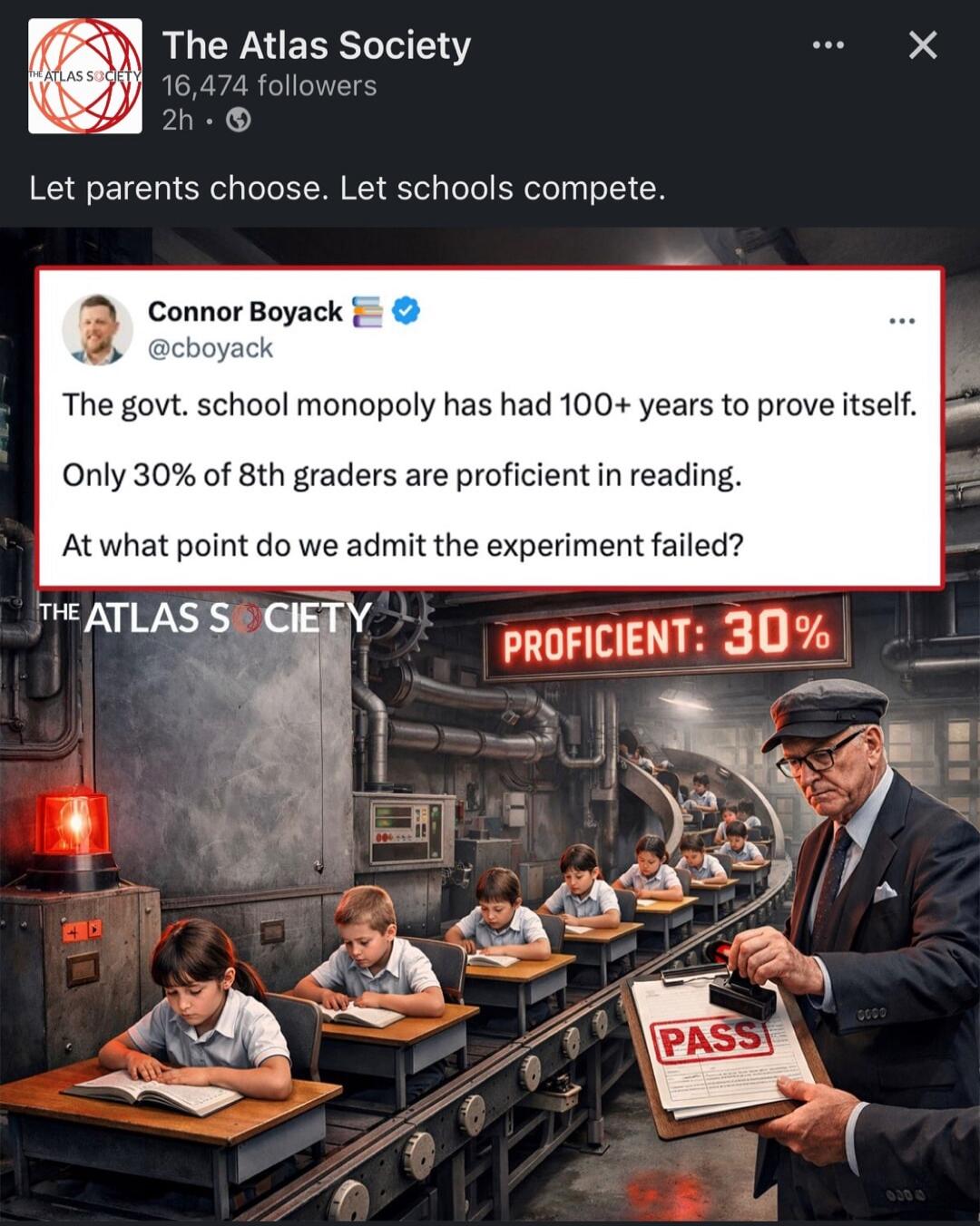 Let parents choose. Let schools compete.
The govt. school monopoly has had 100+ years to prove itself.
Only 30% of 8th graders are proficient in reading.
At what point do we admit the experiment failed?