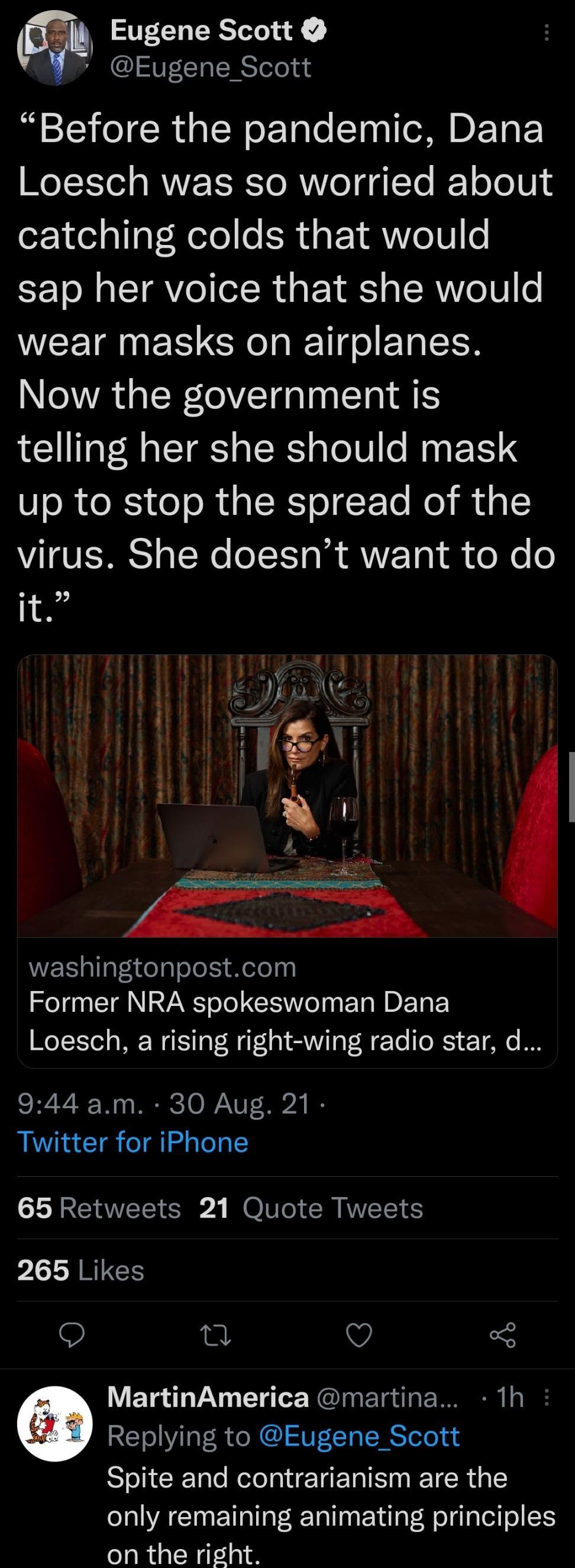 Bu Eugene Scott 7 Eugene_Scott Before the pandemic Dana Loesch was so worried about catching colds that would sap her voice that she would wear masks on airplanes Now the government is telling her she should mask up to stop the spread of the virus She doesnt want to do it S 40 l F y ffzf W allaftdelal oJo 15 elelny Former NRA spokeswoman Dana Loesch a rising right wing radio star d 944 am 30 Aug 2