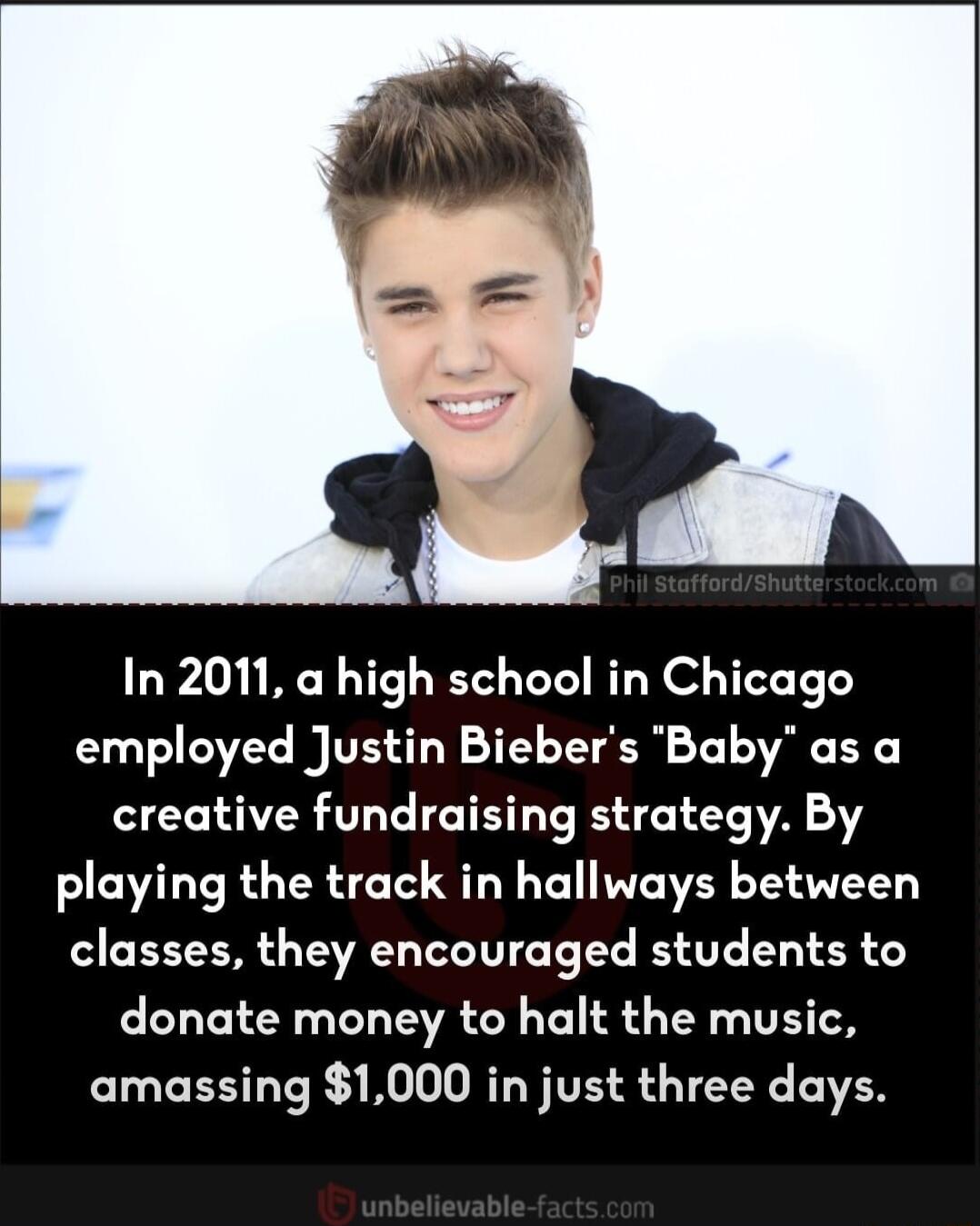 In 2011 a high school in Chicago employed Justin Biebers Baby as a creative fundraising strategy By playing the track in hallways between classes they encouraged students to donate money to halt the music amassing 1000 in just three days