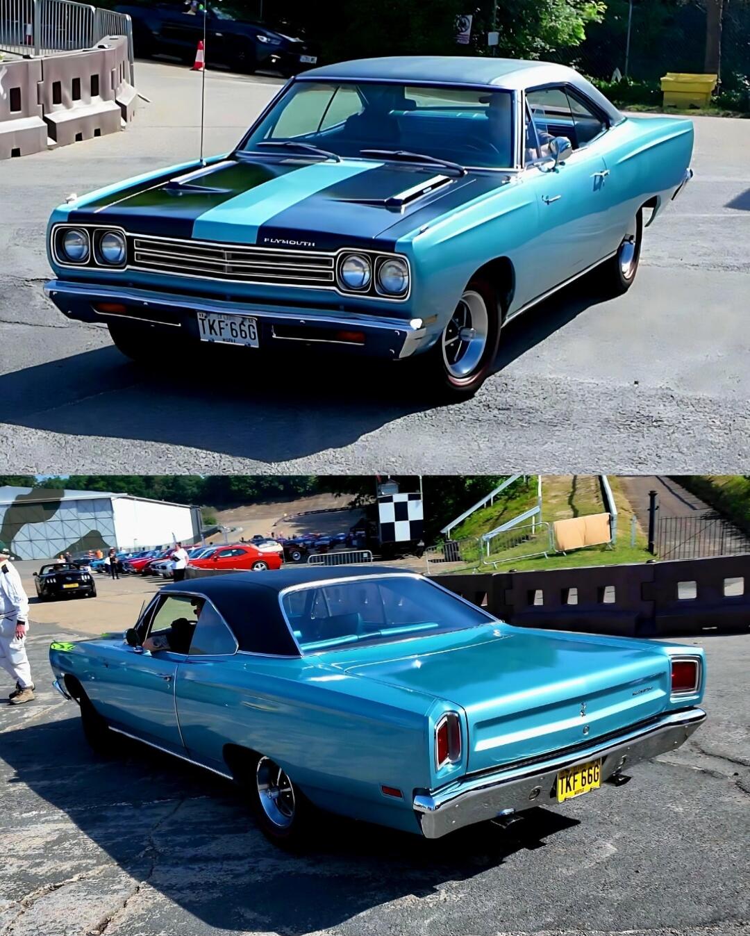 PLYMOUTH TKF 66G. A classic blue Plymouth Road Runner with black racing stripes and a black vinyl roof, seen from front and rear angles at an outdoor event.