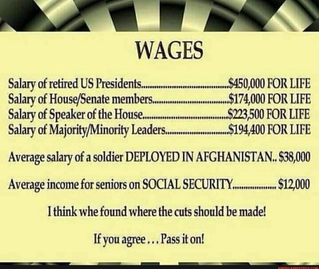 WAGES
Salary of retired US Presidents... $450,000 FOR LIFE
Salary of House/Senate members... $174,000 FOR LIFE
Salary of Speaker of the House... $223,500 FOR LIFE
Salary of Majority/Minority Leaders... $194,400 FOR LIFE
Average salary of a soldier DEPLOYED IN AFGHANISTAN.. $38,000
Average income for seniors on SOCIAL SECURITY... $12,000
I think we 