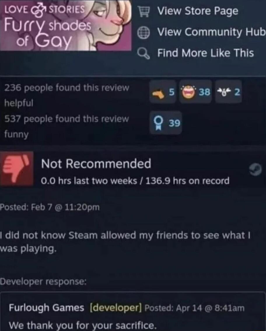 W View Store Page View Community Hub Q Find More Like This 236 people found this review 5 38 w2 helpful 537 people found this review 39 funny Not Recommended 00 hrs last two weeks 1369 hrs on record Posted Feb 7 1120pm did not know Steam allowed my friends to see what was playing Developer response Furlough Games developer Posted Apr 14 841am We thank you for your sacrifice