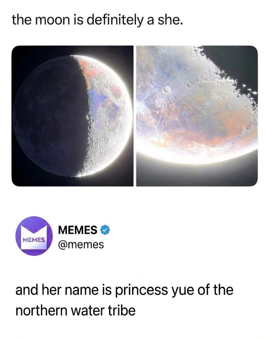 the moon is definitely a she. MEMES @memes and her name is princess yue of the northern water tribe