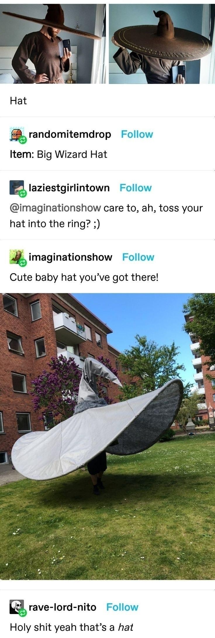 rave lord nito Hat randomitemdrop Item Big Wizard Hat laziestgirlintown imaginationshow care to ah toss your hat into the ring imaginationshow Cute baby hat youve got there rave lord nito Holy shit yeah thats a hat DO 41286 notes