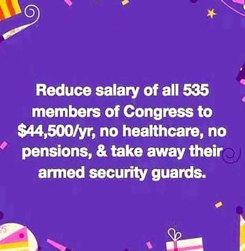 Reduce salary of all 535 members of Congress to $44,500/yr, no healthcare, no pensions, & take away their armed security guards.