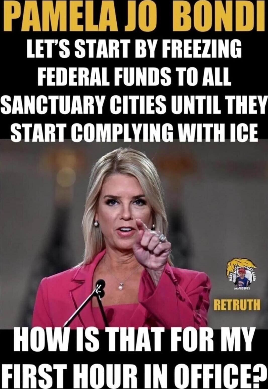 [Name redacted] LET'S START BY FREEZING FEDERAL FUNDS TO ALL SANCTUARY CITIES UNTIL THEY START COMPLYING WITH ICE HOW IS THAT FOR MY FIRST HOUR IN OFFICE?