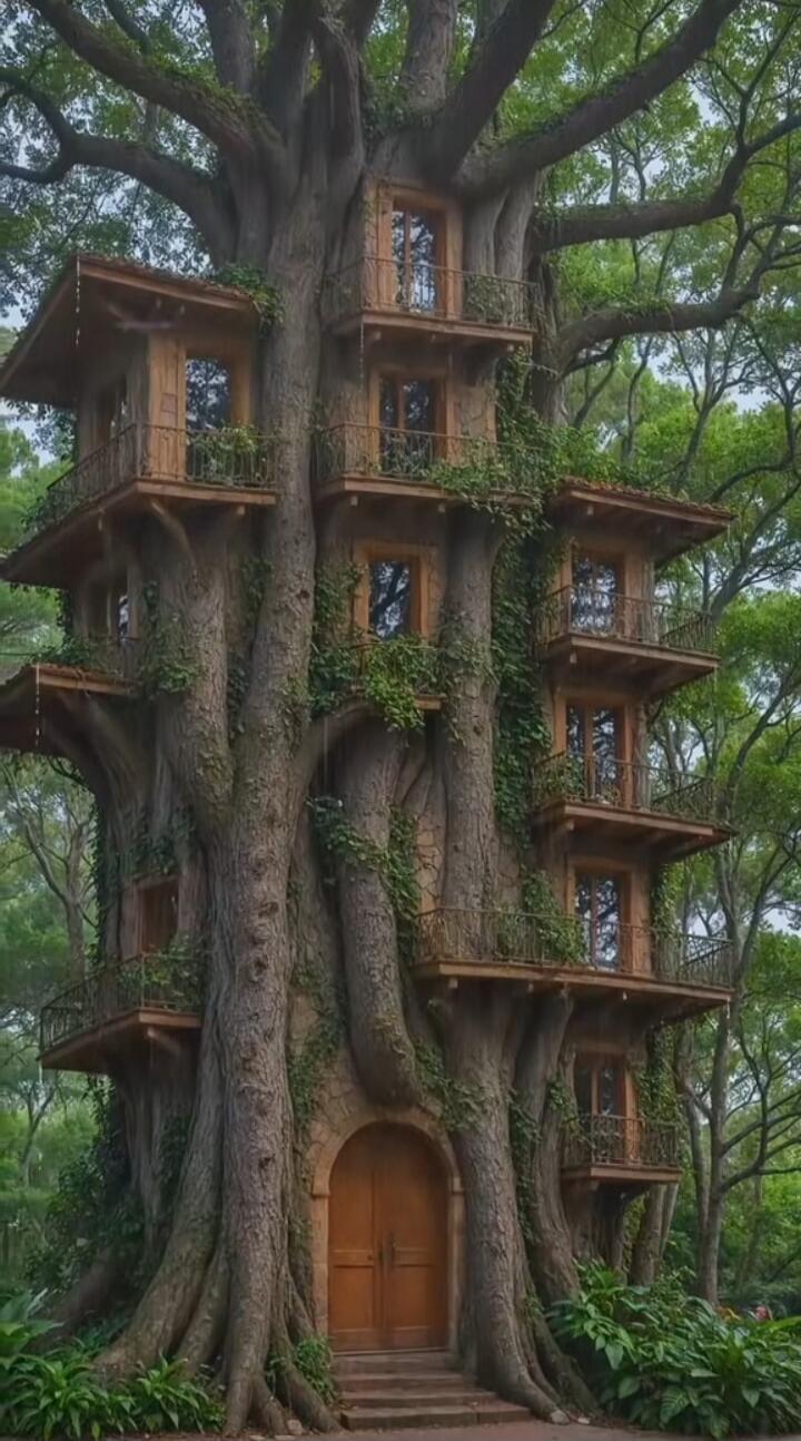 A colossal tree with a multi-level treehouse built around its trunk. Wooden balconies extend around the trunk on several levels, connected by small stairways and a central wooden door at the base. The structure integrates with the tree, with ivy and greenery growing around and between the balconies.