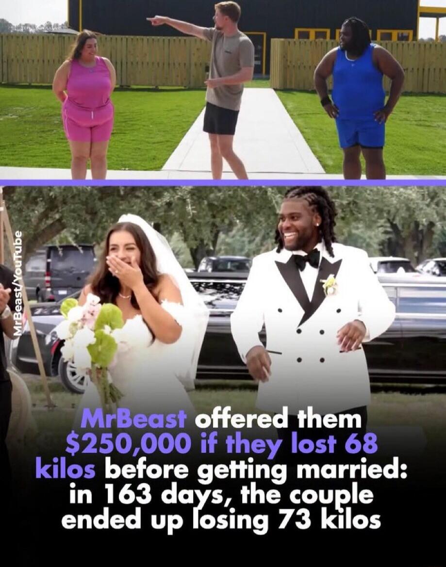 MrBeast offered them $250,000 if they lost 68 kilos before getting married: in 163 days, the couple ended up losing 73 kilos MrBeast/YouTube