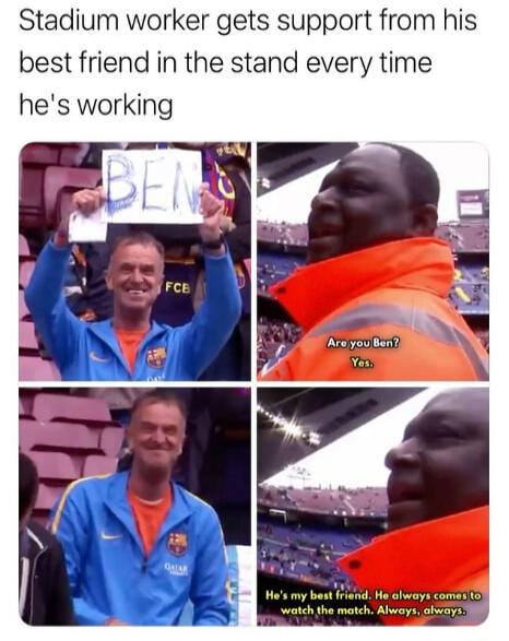 Stadium worker gets support from his best friend in the stand every time hes working