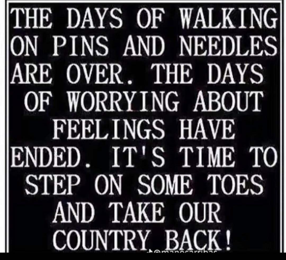 THE DAYS OF WALKING ON PINS AND NEEDLES ARE OVER. THE DAYS OF WORRYING ABOUT FEELINGS HAVE ENDED. IT'S TIME TO STEP ON SOME TOES AND TAKE OUR COUNTRY BACK!