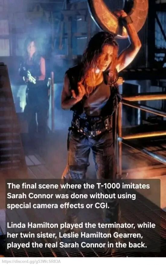 The final scene where the T 1000 imitates EETEL Noll 1y LIANERRL G RV TN T T special camera effects or CGI B AL ERG ELTIGH I EYEG RO R E T ETGT AR TS her twin sister Leslie Hamilton Gearren FEVELRGENEEIRETEL NG LT L RO CY BT