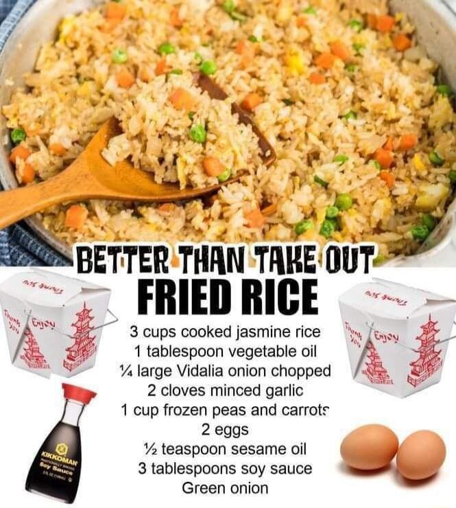 3 cups cooked jasmine rice 1 tablespoon vegetable oil Y large Vidalia onion chopped y 2 cloves minced garlic 1 cup frozen peas and carrote 2eggs teaspoon sesame oil 3 tablespoons soy sauce J Green onion