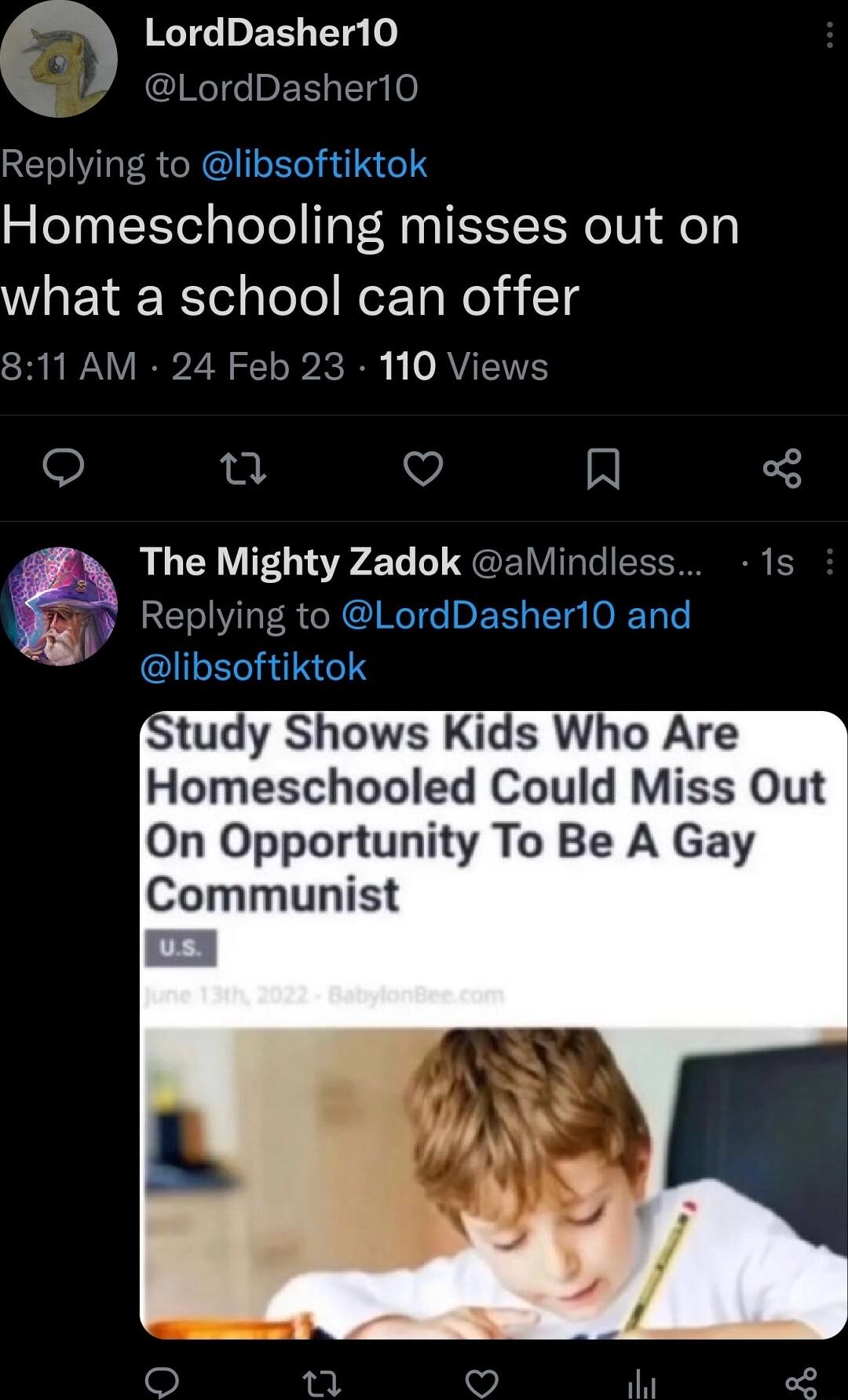 ITGEE g o LordDasher10 Replying to libsoftiktok Homeschooling misses out on WIaET YTel ToTol Mot ToWel i 13 811 AM 24 Feb 23 110 Views w V IN LU UG Ll EES 1s y Replying to LordDasher10 and UIEIINTIR Study Shows Kids Who Are Homeschooled Could Miss Out On Opportunity To Be A Gay Communist