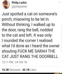 Phillp Larkin philiplarkin Just spotted a cat on someones porch miaowing to be let in Without thinking walked up to the door rang the bell nodded to the cat and left t was only rounded the corner realised what Id done as heard the owner shouting FUCK ME SARAH THE CAT JUST RANG THE DOORBELL 121V PM 24 Feb 18 163K Hetwe