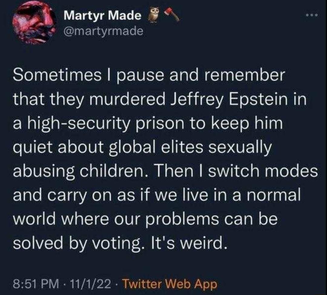 Martyr Made martyrmade STela l y SR WeEVETRE Tl WETas TTh o18 that they murdered Jeffrey Epstein in a high security prison to keep him quiet about global elites sexually abusing children Then switch modes and carry on as if we live in a normal world where our problems can be solved by voting Its weird 851 PM 11122 Twitter Web App