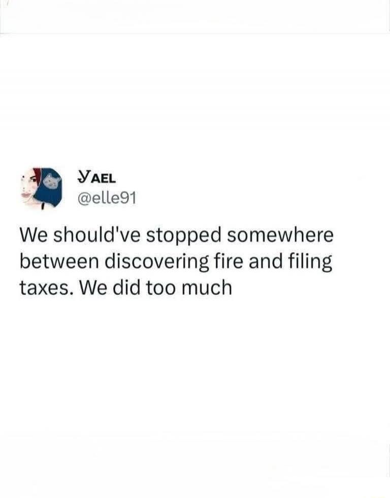 We should've stopped somewhere between discovering fire and filing taxes. We did too much