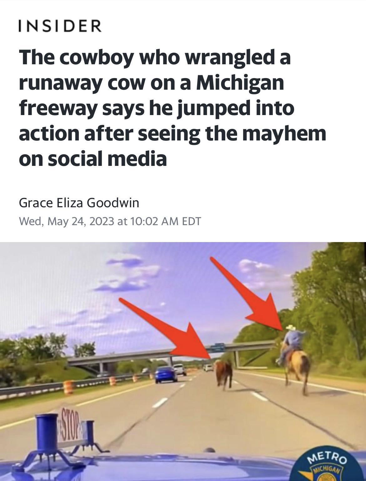 INSIDER The cowboy who wrangled a runaway cow on a Michigan freeway says he jumped into action after seeing the mayhem on social media Grace Eliza Goodwin Wed May 24 2023 at 1002 AM EDT