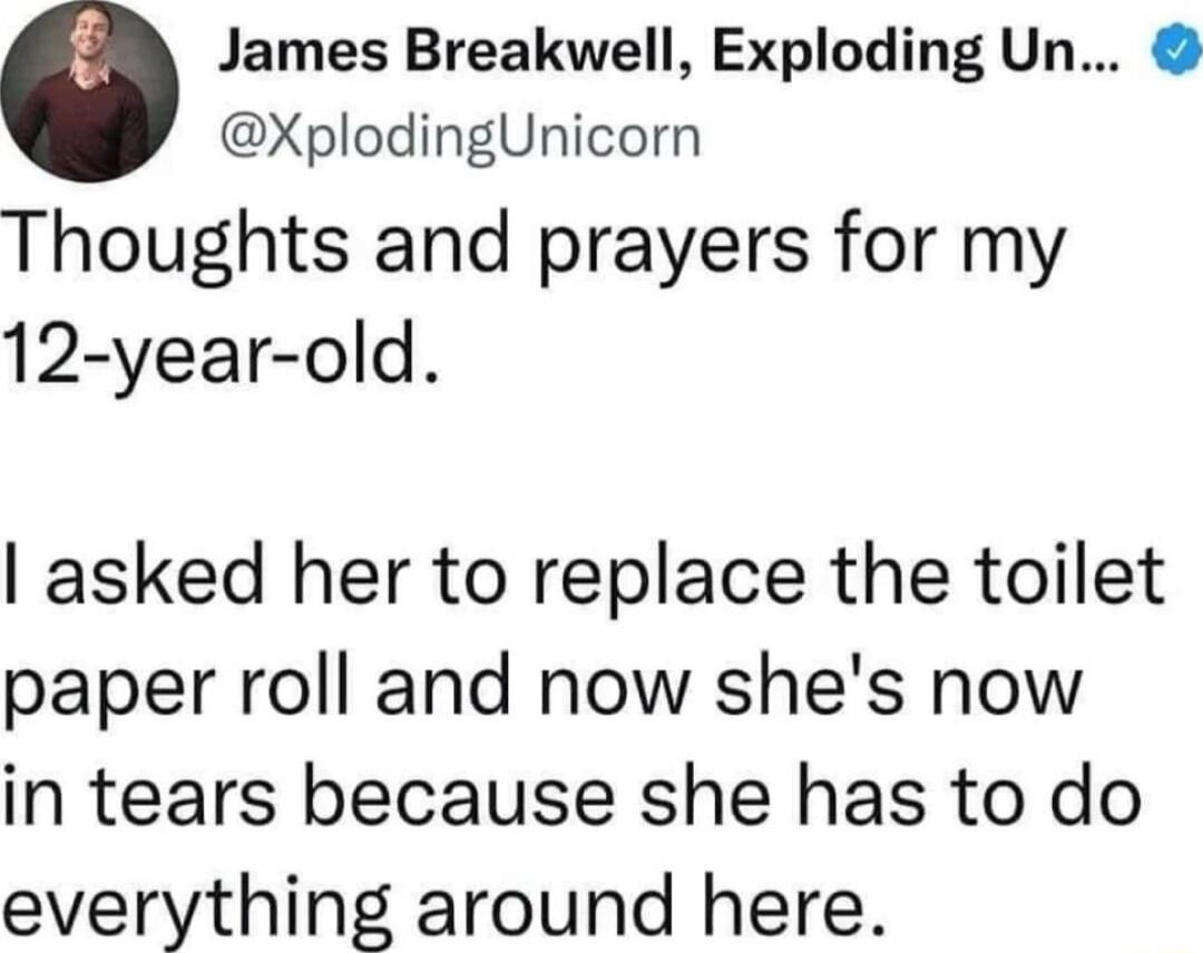 James Breakwell Exploding Un XplodingUnicorn Thoughts and prayers for my 12 year old asked her to replace the toilet paper roll and now shes now in tears because she has to do everything around here