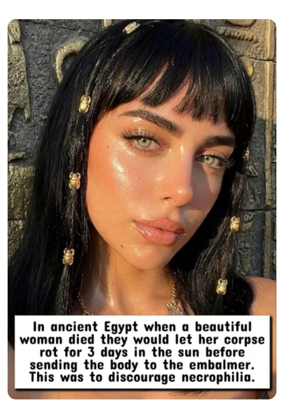 In ancient Egypt when a beautiful woman died they would let her corpse rot for 3 days in the sun before sending the body to the embalmer. This was to discourage necrophilia.