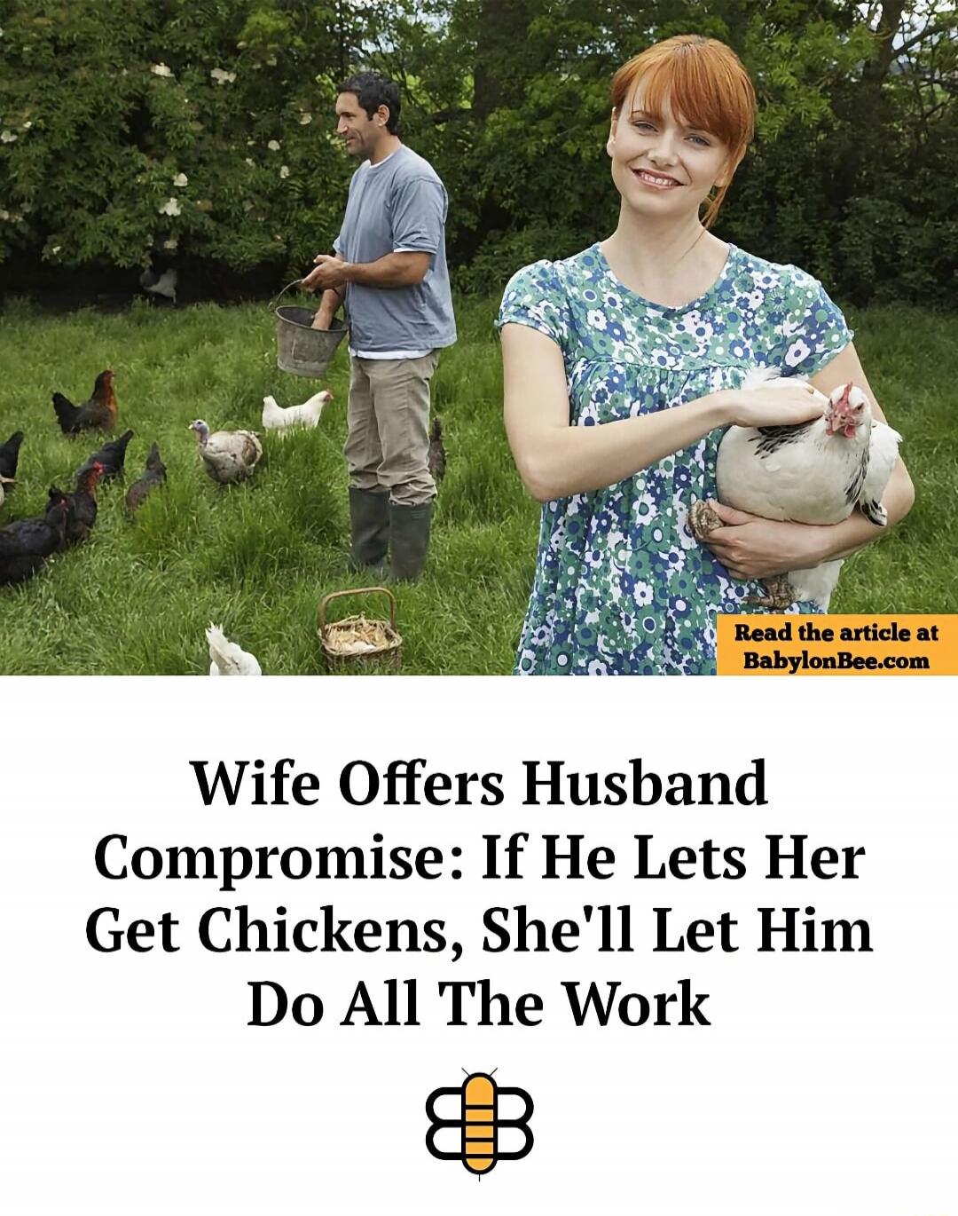 Read the article at BabylonBee.com Wife Offers Husband Compromise: If He Lets Her Get Chickens, She'll Let Him Do All The Work
