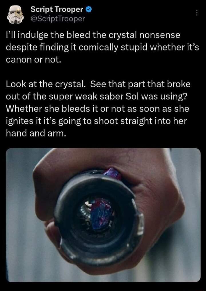 Script Trooper ScriptTrooper Il indulge the bleed the crystal nonsense despite finding it comically stupid whether its Tl Nelgy el Look at the crystal See that part that broke out of the super weak saber Sol was using Whether she bleeds it or not as soon as she ignites it its going to shoot straight into her LELCELGET N