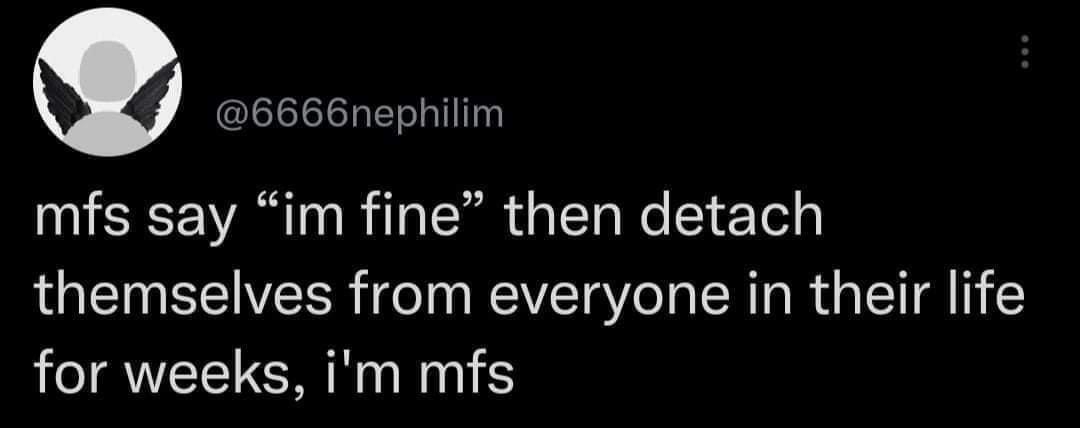 Q 6666nephilim mfs say im fine then detach themselves from everyone in their life for weeks im mfs 831 pm 13 Jan 22 Twitter for Android