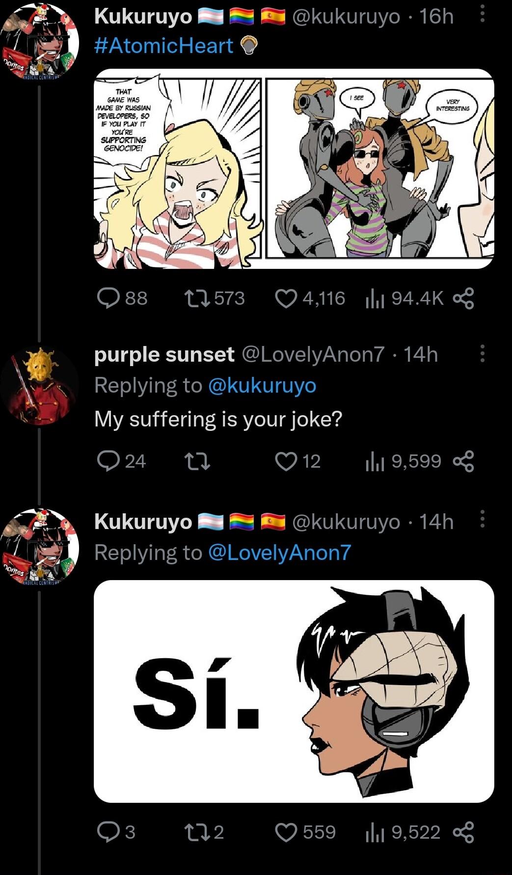 SN Kukuruyo M kukuruyo 16h w AtomicHeart Qae purple sunset LovelyAnon7 14h Replying to kukuruyo My suffering is your joke OFZI w1 Q2 e