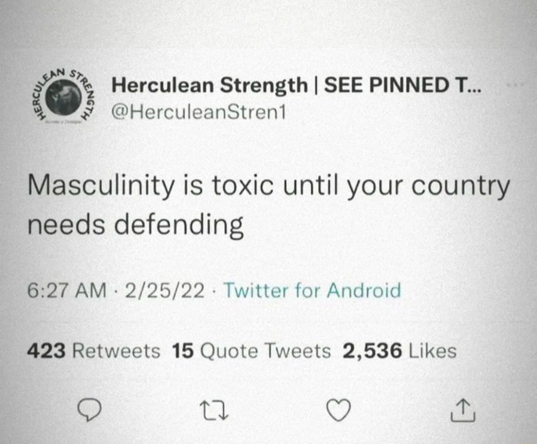 Herculean Strength SEE PINNED T HerculeanStren1 Aasculinity is toxic until your count eeds defending 7 AM 22522 Twitter for Android 3 Retweets 15 Quote Tweets 2536 Likes