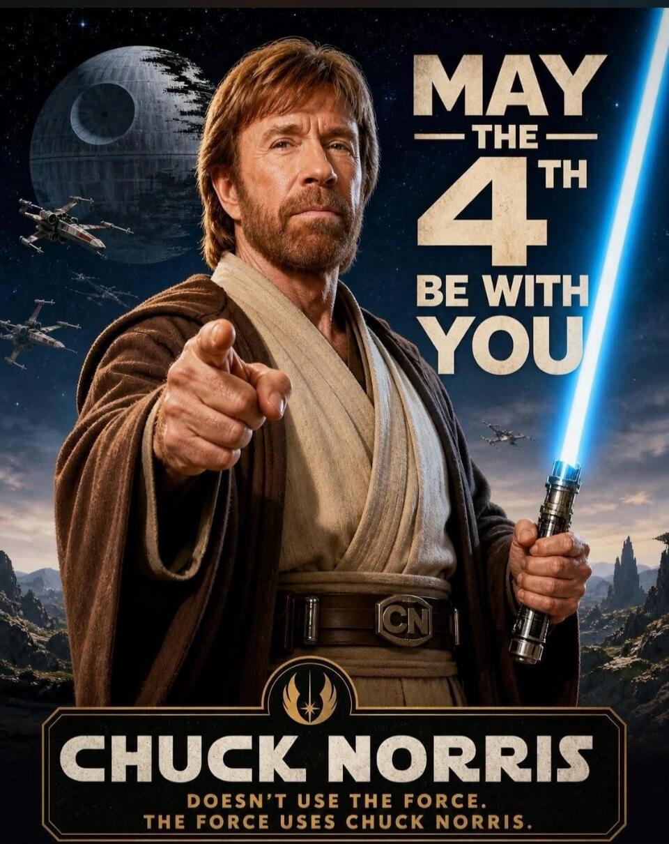 MAY THE 4TH BE WITH YOU CHUCK NORRIS DOESN'T USE THE FORCE. THE FORCE USES CHUCK NORRIS.