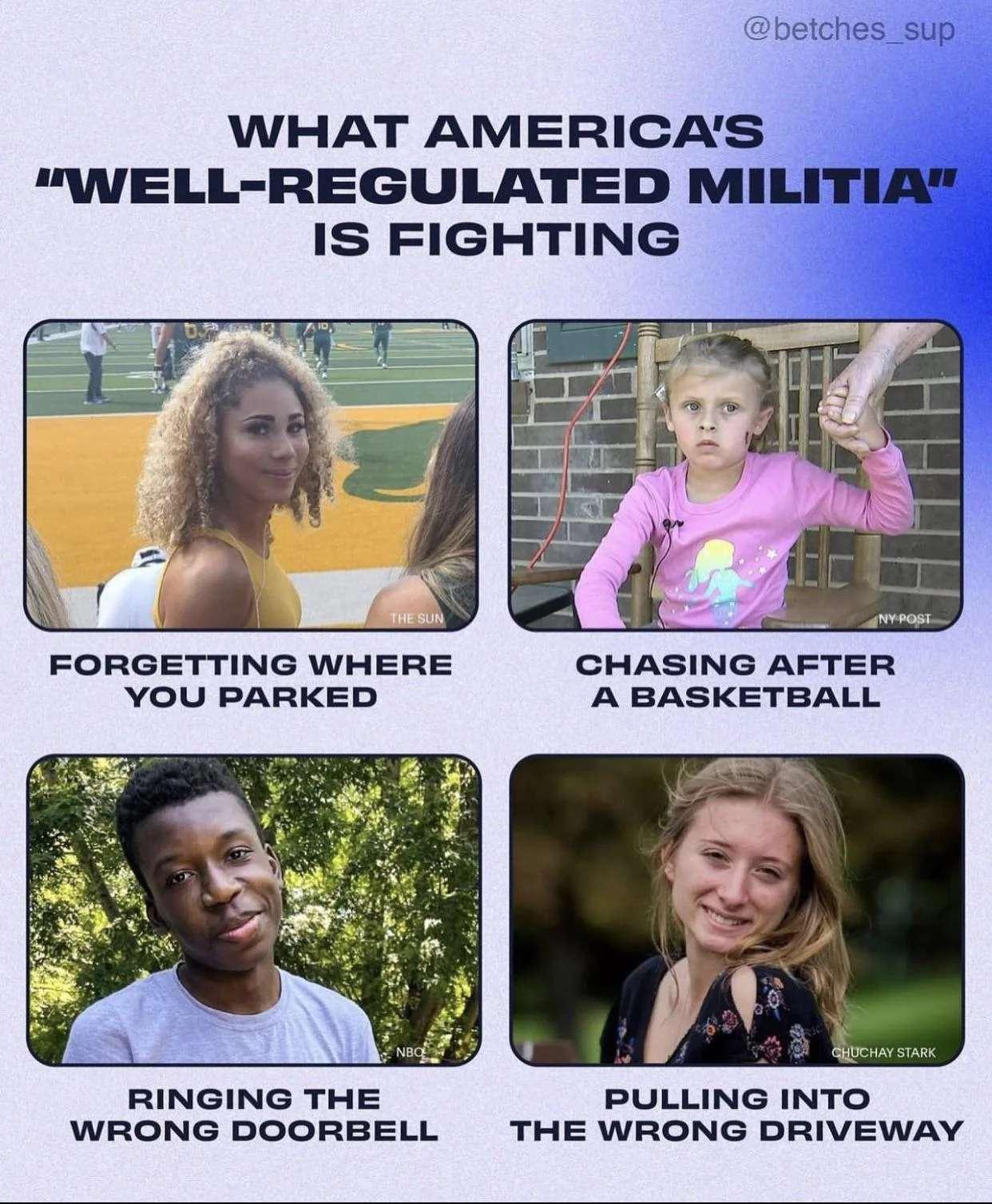 WHAT AMERICAS WELL REGULATED MI IS FIGHTING CHASING AFTER YOU PARKED A BASKETBALL RINGING THE PULLING INTO WRONG DOORBELL THE WRONG DRIVEWAY