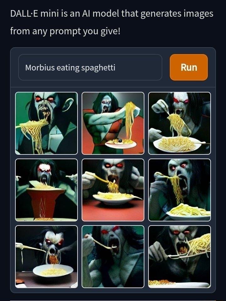 DALL E mini is an Al model that generates images from any prompt you give Morbius eating spaghetti
