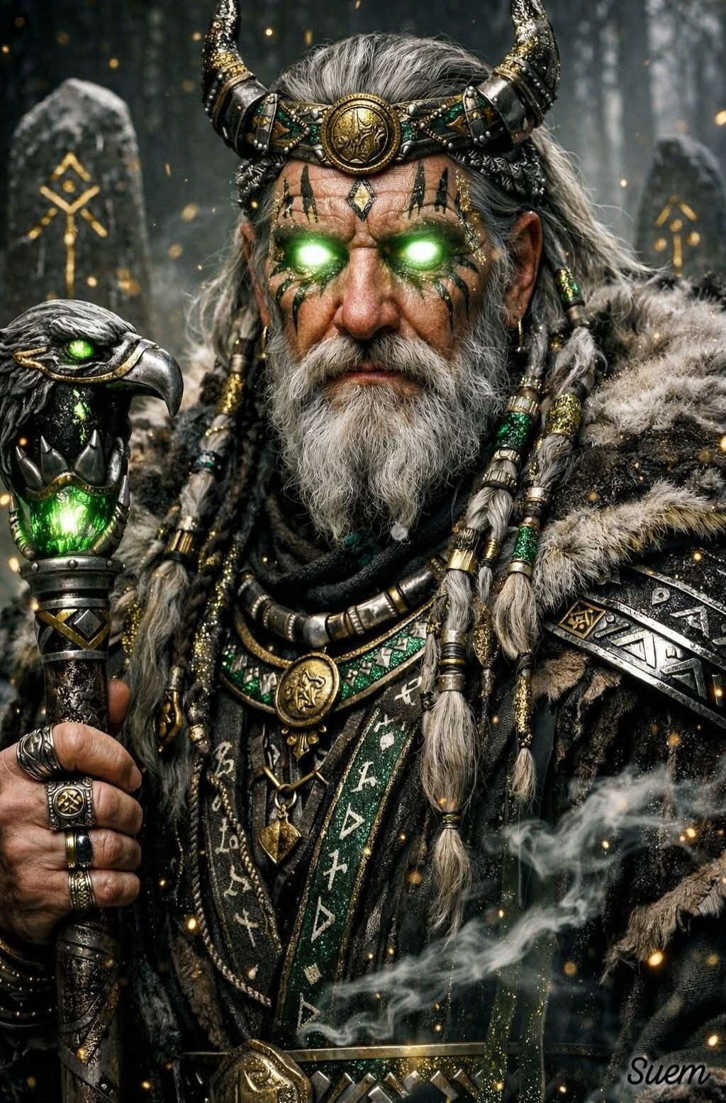 A fantasy wizard or chieftain with glowing green eyes, long gray beard, braided hair, and ornate armor. He holds a staff with a glowing green eagle-head, wearing a horned crown and fur-lined cloak. The overall look is epic, dark, and mythic.