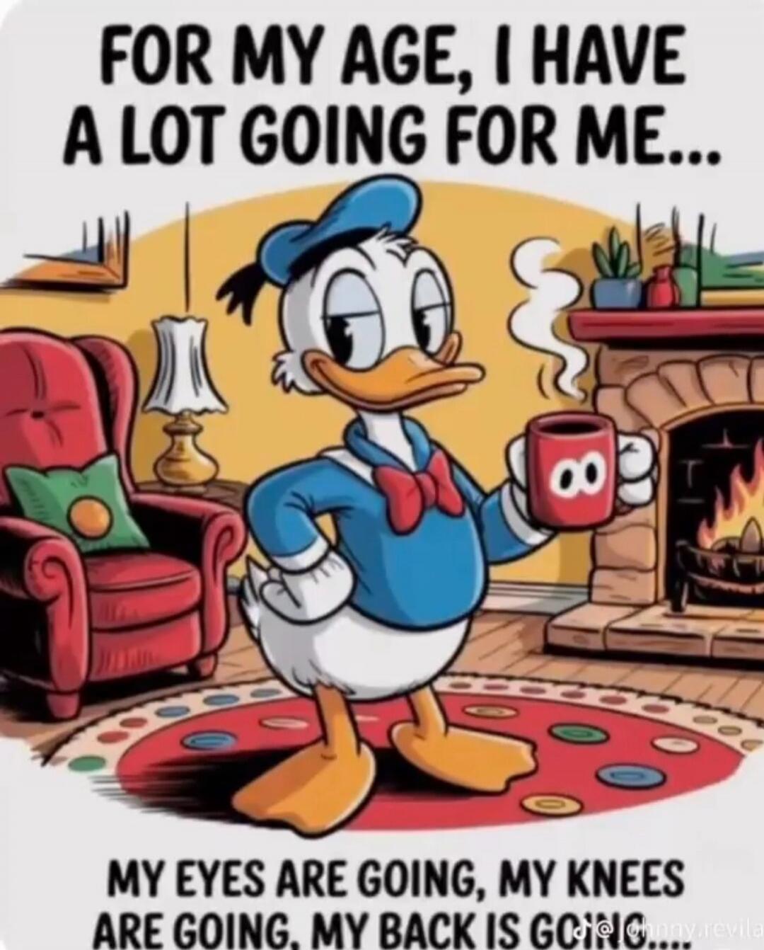 FOR MY AGE, I HAVE A LOT GOING FOR ME... MY EYES ARE GOING, MY KNEES ARE GOING, MY BACK IS GOING...
