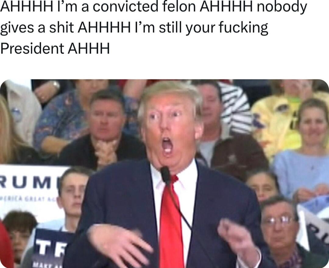 AHHHH Im a convictea felon AHHHH nobody gives a shit AHHHH Im still your fucking President AHHH