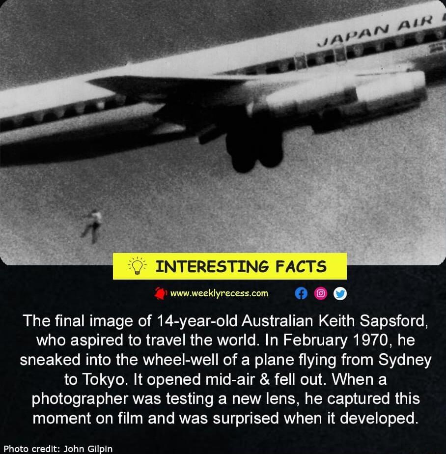 The final image of 14 year old Australian Keith Sapsford who aspired to travel the world In February 1970 he sneaked into the wheel well of a plane fiying from Sydney to Tokyo It opened mid air fell out When a photographer was testing a new lens he captured this moment on film and was surprised when it developed o Sieer Ll