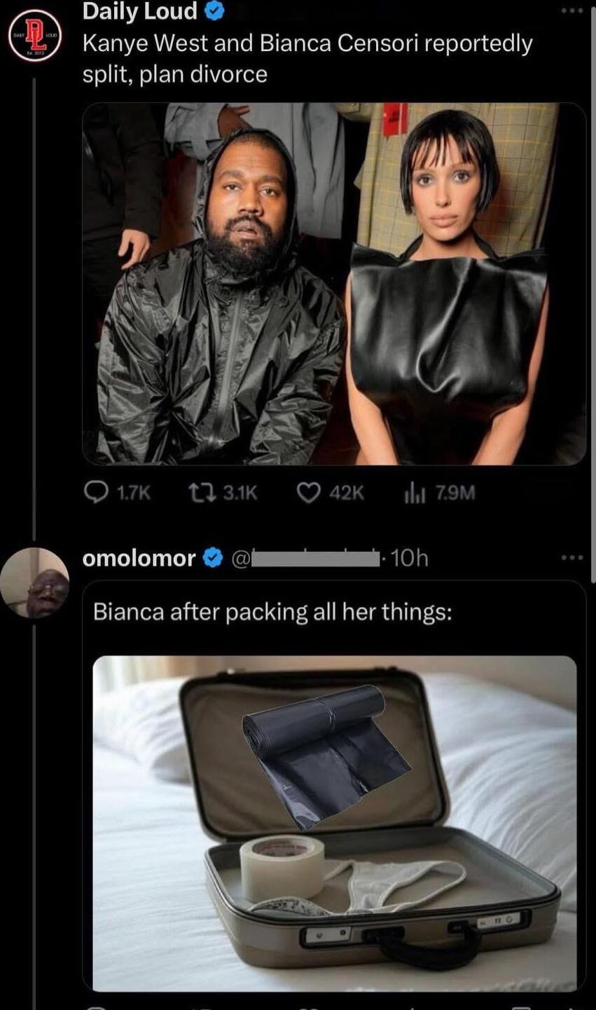 Daily Loud Kanye West and Bianca Censori reportedly split plan divorce omolomor misesi 10 Bianca after packing all her things