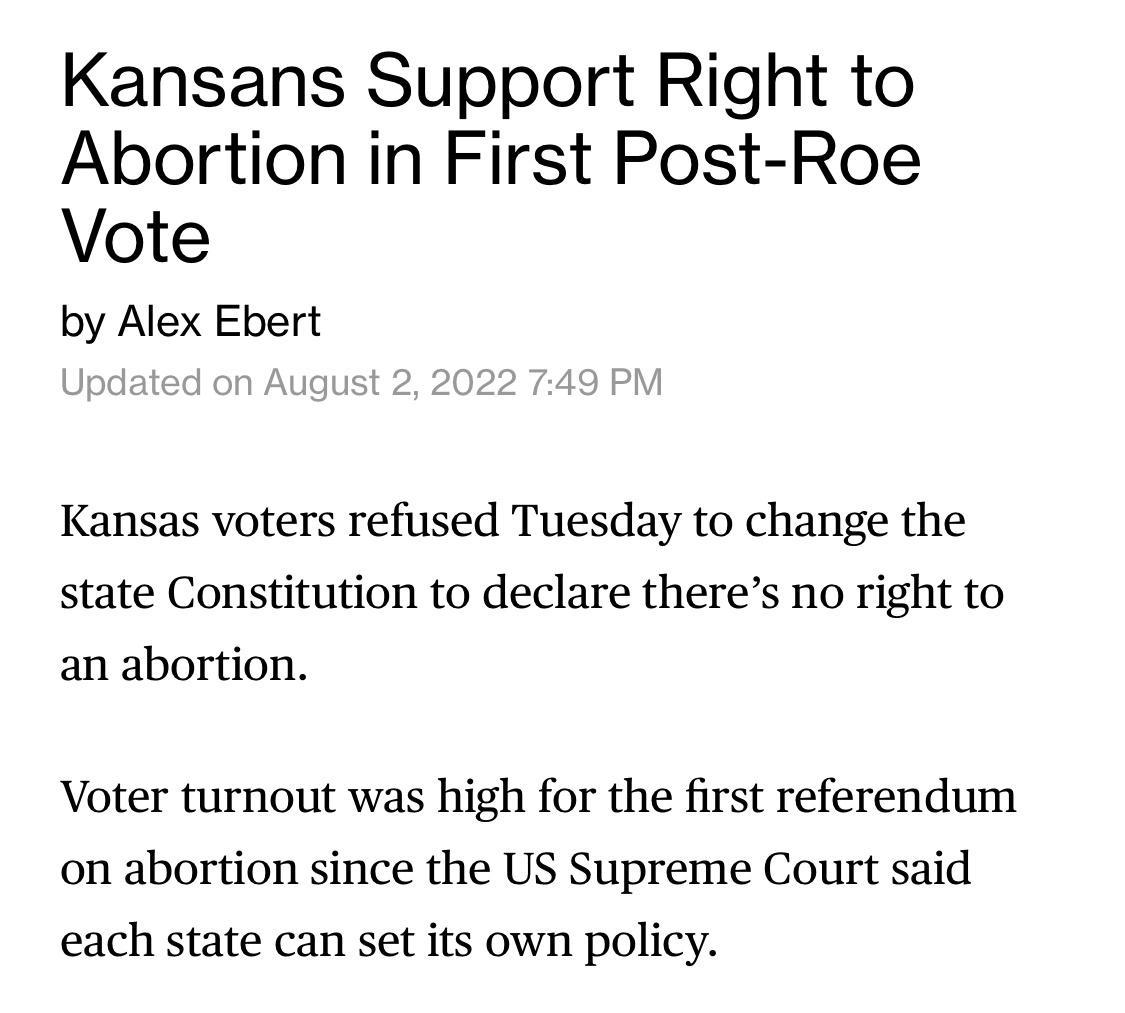 Kansans Support Right to Abortion in First Post Roe Vote by Alex Ebert Kansas voters refused Tuesday to change the state Constitution to declare theres no right to an abortion Voter turnout was high for the first referendum on abortion since the US Supreme Court said each state can set its own policy