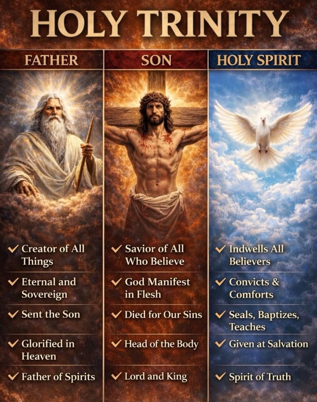 HOLY TRINITY FATHER SON HOLY SPIRIT Creator of All Things Eternal and Sovereign Sent the Son Glorified in Heaven Father of Spirits Savior of All Who Believe God Manifest in Flesh Died for Our Sins Head of the Body Lord and King Indwells All Believers Convicts & Comforts Seals, Baptizes, Teaches Given at Salvation Spirit of Truth