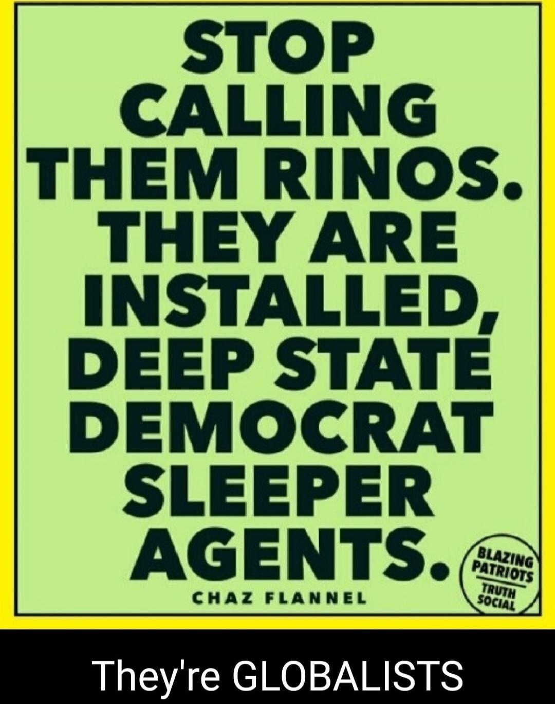 STOP CALLING THEM RINOS. THEY ARE INSTALLED, DEEP STATE DEMOCRAT SLEEPER AGENTS. CHAZ FLANNEL BLAZING PATRIOTS TRUTH SOCIAL They're GLOBALISTS