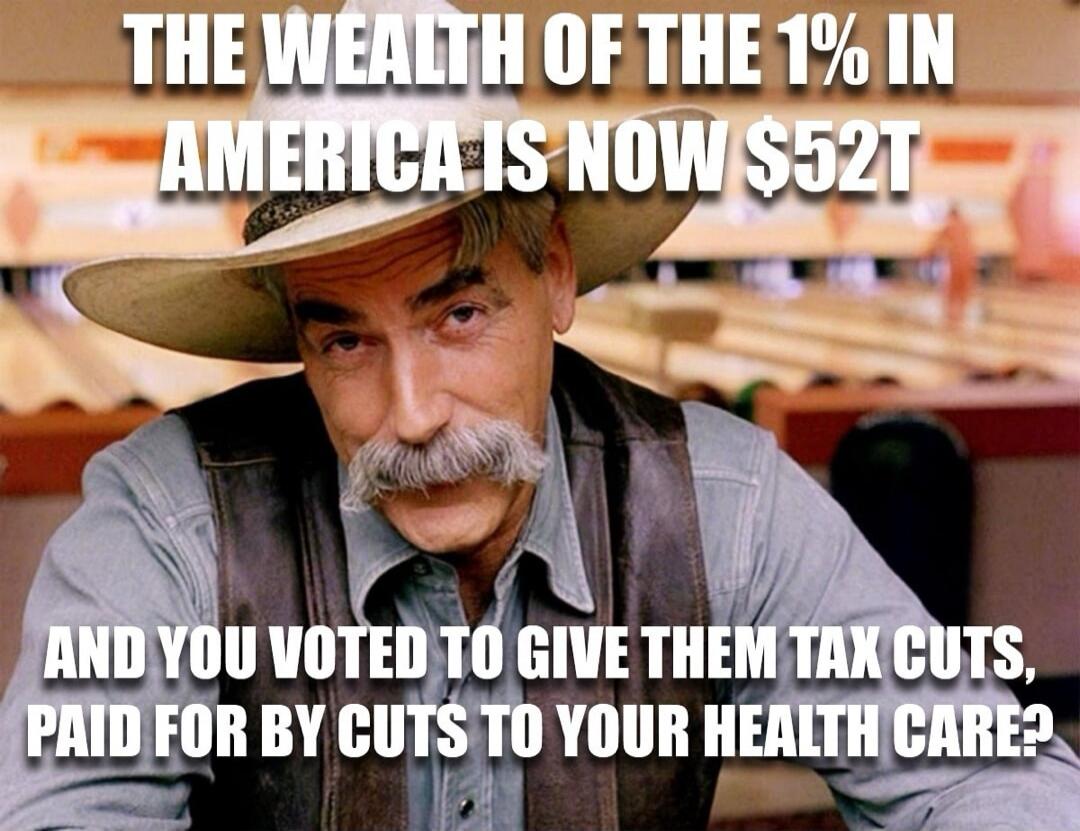 THE WEALTH OF THE 1% IN AMERICA IS NOW $52T AND YOU VOTED TO GIVE THEM TAX CUTS, PAID FOR BY CUTS TO YOUR HEALTH CARE?