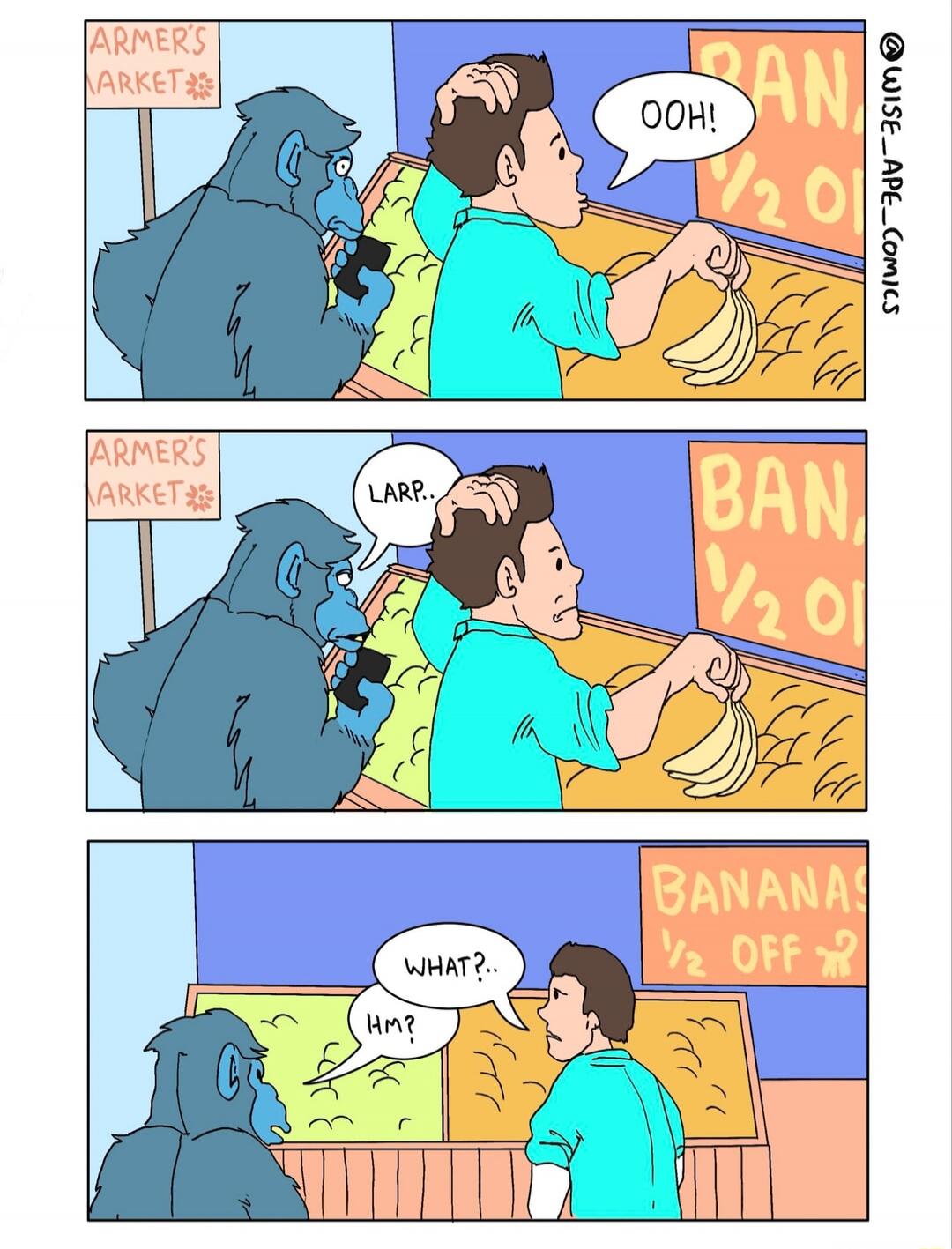 A man is at a market looking at bananas that are half off. He exclaims 'OOH!'. Behind him, a gorilla is looking at a phone. The market sign says 'ARMER'S MARKET'. In the next panel, the gorilla says 'LARP..'. The man looks confused and asks 'HM?' and 'WHAT?..'. The sign for bananas being half off is still visible.