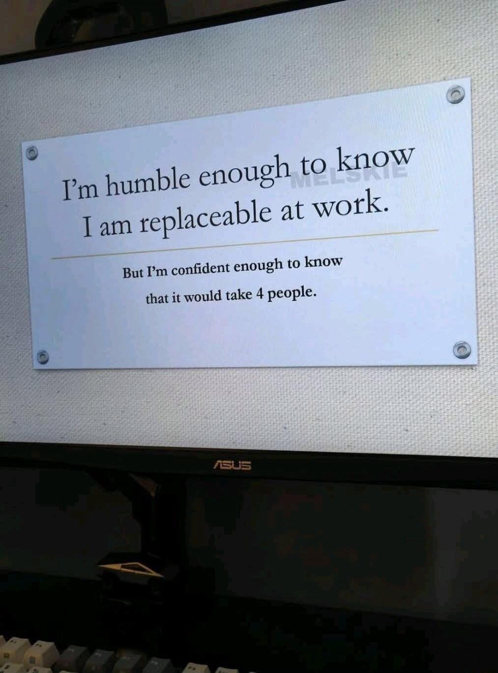 I'm humble enough to know I am replaceable at work. But I'm confident enough to know that it would take 4 people.