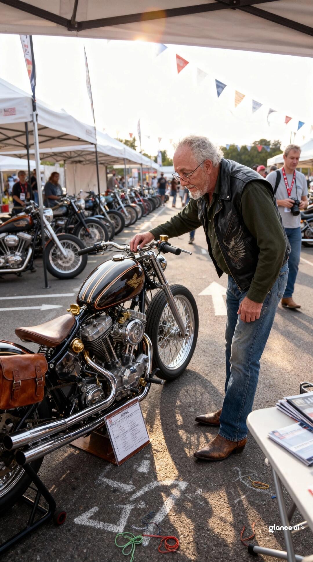 An older man wearing a leather vest and jeans inspects a vintage motorcycle at an outdoor motorcycle show. Tents, flags, and several motorcycles line the area.