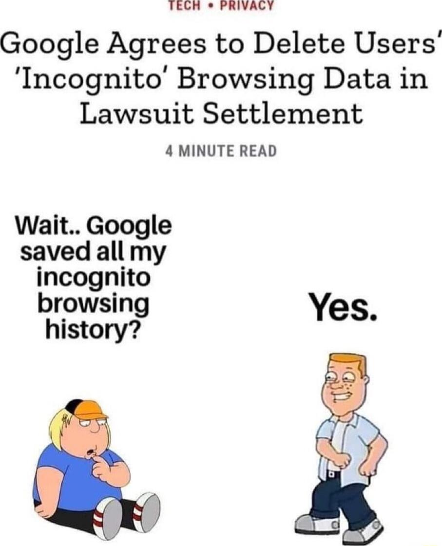 TECRH PRIVACY Google Agrees to Delete Users Incognito Browsing Data in Lawsuit Settlement 4 MINUTE READ Wait Google saved all my incognito browsing history Yes