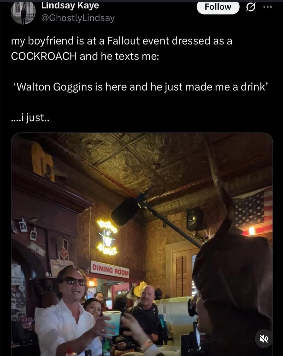 Lindsay Kaye @GhostlyLindsay Follow my boyfriend is at a Fallout event dressed as a COCKROACH and he texts me: 'Walton Goggins is here and he just made me a drink' ....i just.. DINING ROOM
