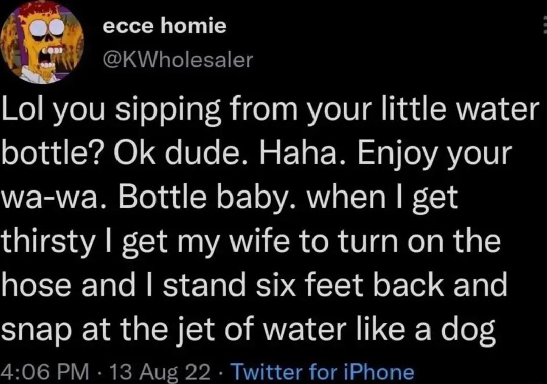 ecce homie KWholesaler W RYCIVESIToola R o1 BYe V a4 RV 1g bottle Ok dude Haha Enjoy your wa wa Bottle baby when get thirsty get my wife to turn on the hose and stand six feet back and snap at the jet of water like a dog 406 PM 13 Aug 22 Twitter for iPhone